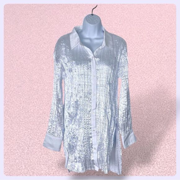 Free People Tops - NWT Free People Satin Oversized Crinkle Button Up Shirt Blouse White Top sz M